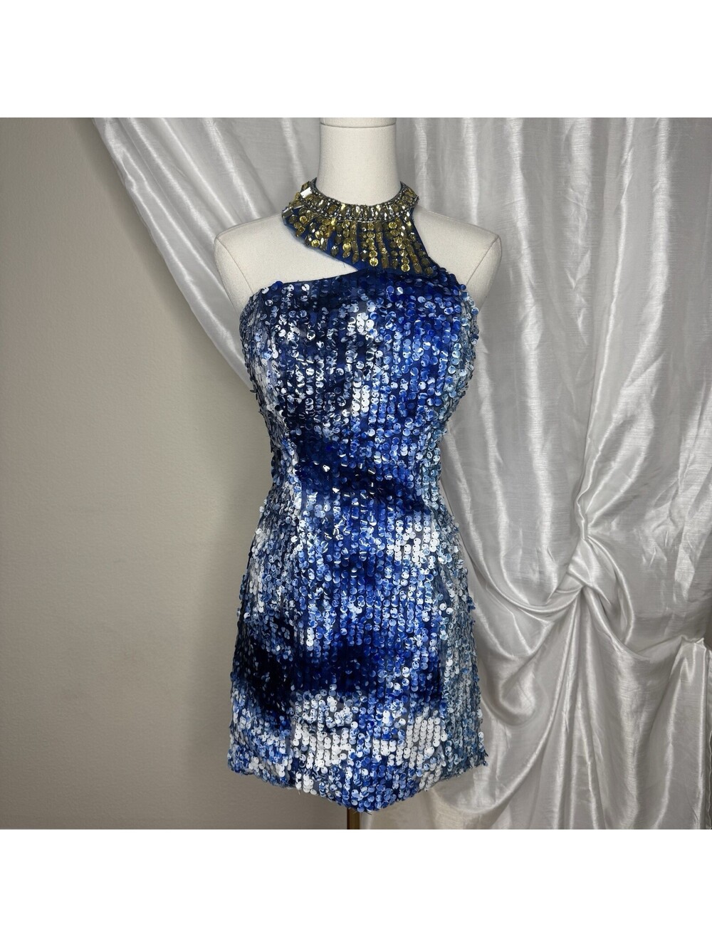 Scala Blue Sequin Mini Dress Size 6 Asymetrical Jeweled Halter Cocktail Party